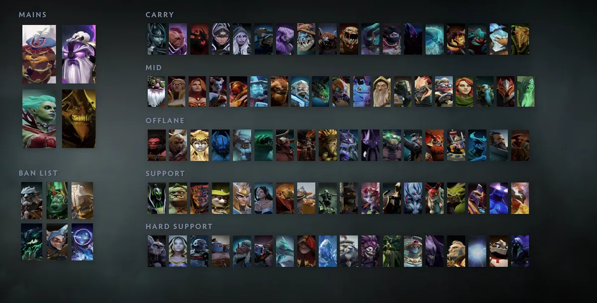 Dota 2 hero grid “Mains + situational”: Pangolier first in the Mains block next to Void Spirit, Death Prophet, Sand King