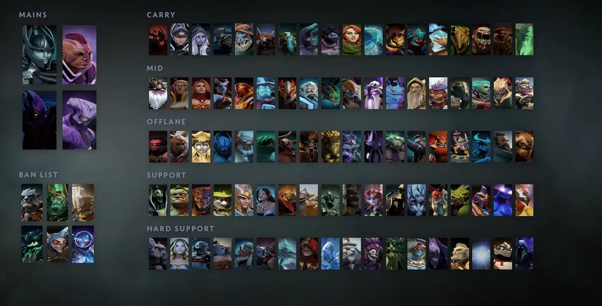 Dota 2 hero grid “Mains + situational” with Phantom Assassin first in the Mains block