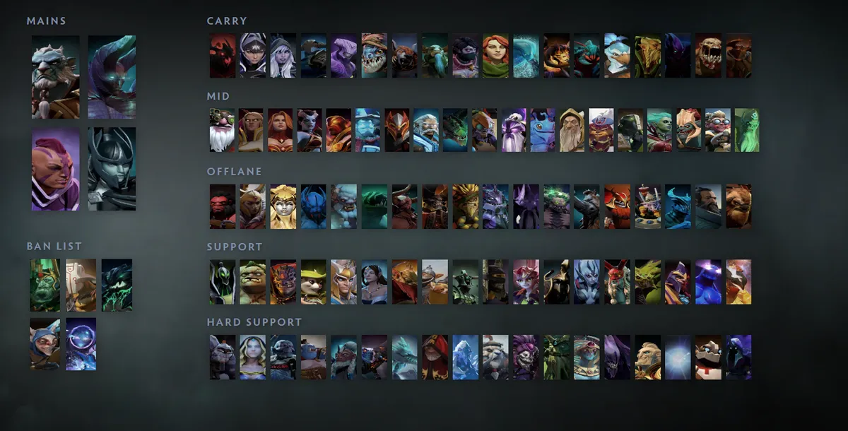 Dota 2 hero grid “Mains + situational”: Phantom Lancer first in the Mains block next to Terrorblade, Anti-Mage, Phantom Assassin