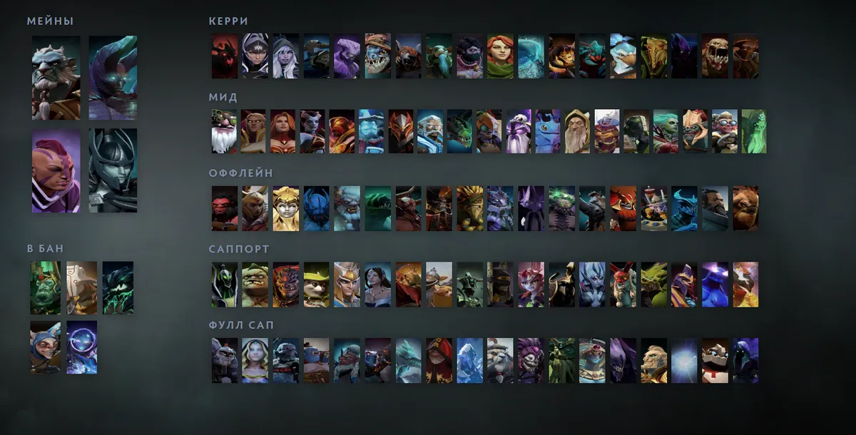 Сетка героев Dota 2 «Мейны + ситуативные»: Phantom Lancer первым в блоке «Мейны», рядом Terrorblade, Anti-Mage, Phantom Assassin