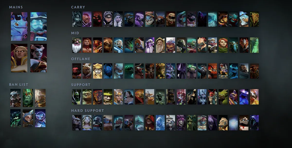 Dota 2 hero grid “Mains + situational”: Puck first in the Mains block next to Storm Spirit, Invoker, Queen of Pain