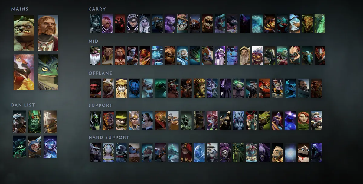 Dota 2 hero grid “Mains + situational” with Pudge first in the Mains block