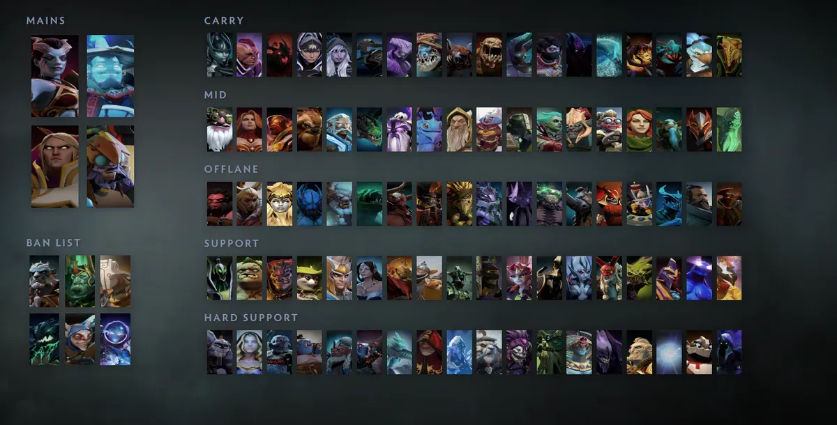 Dota 2 hero grid “Mains + situational” with Queen of Pain first in the Mains block