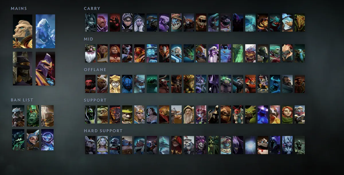 Dota 2 hero grid “Mains + situational”: Ringmaster first in the Mains block next to Ancient Apparition, Shadow Shaman, Silencer