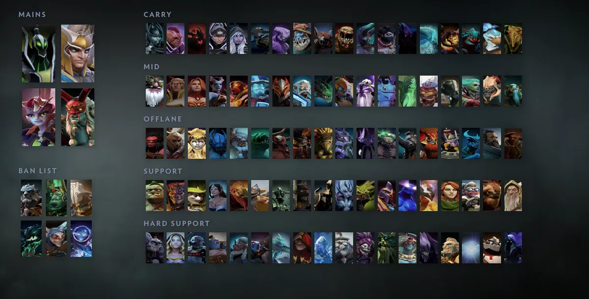 Dota 2 hero grid “Mains + situational” with Rubick first in the Mains block