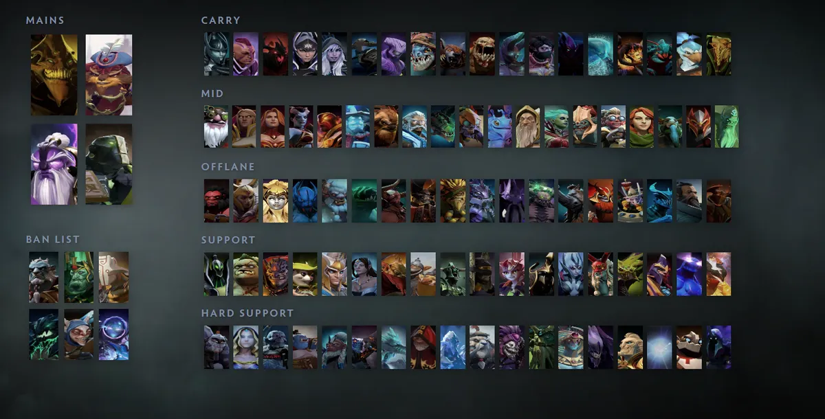 Dota 2 hero grid “Mains + situational”: Sand King first in the Mains block next to Pangolier, Void Spirit, Earth Spirit