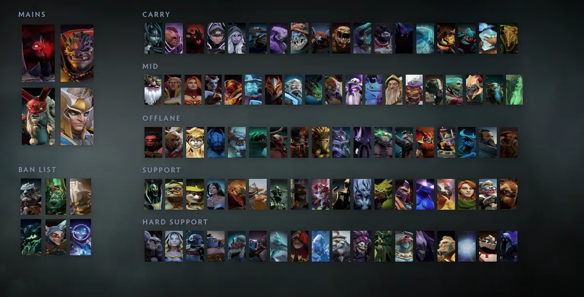 Dota 2 hero grid “Mains + situational”: Shadow Demon first in the Mains block next to Lion, Grimstroke, Skywrath Mage