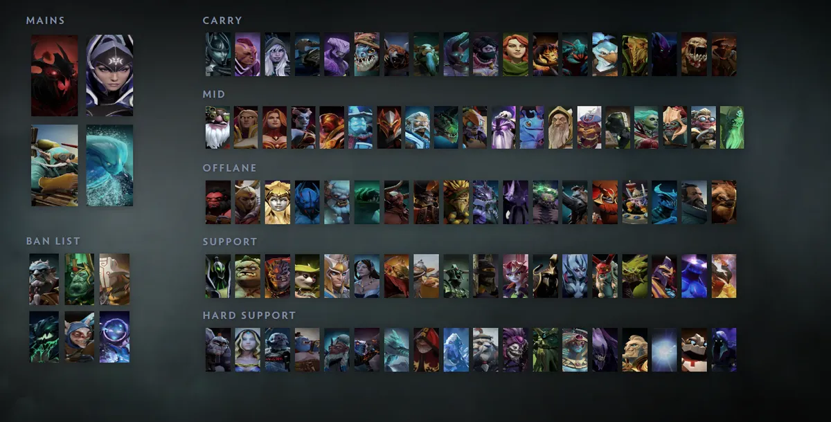 Dota 2 hero grid “Mains + situational” with Shadow Fiend first in the Mains block