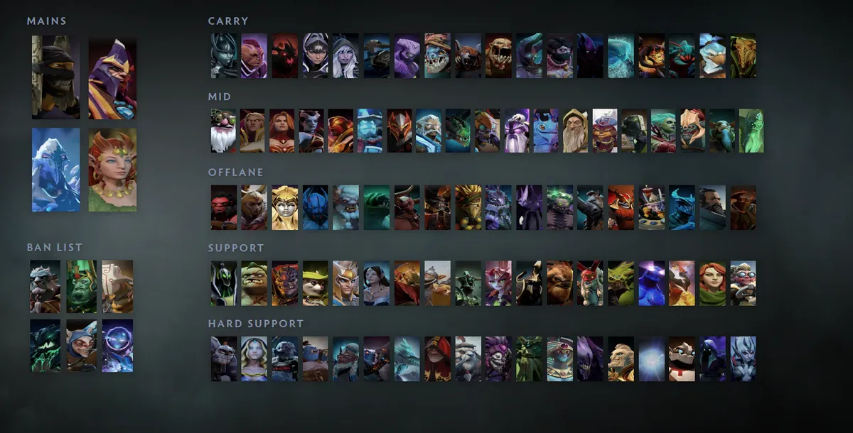 Dota 2 hero grid “Mains + situational”: Shadow Shaman first in the Mains block next to Silencer, Ancient Apparition, Enchantress