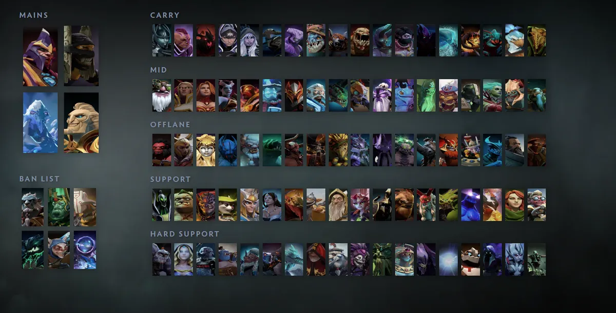 Dota 2 hero grid “Mains + situational”: Silencer first in the Mains block next to Shadow Shaman, Ancient Apparition, Ringmaster
