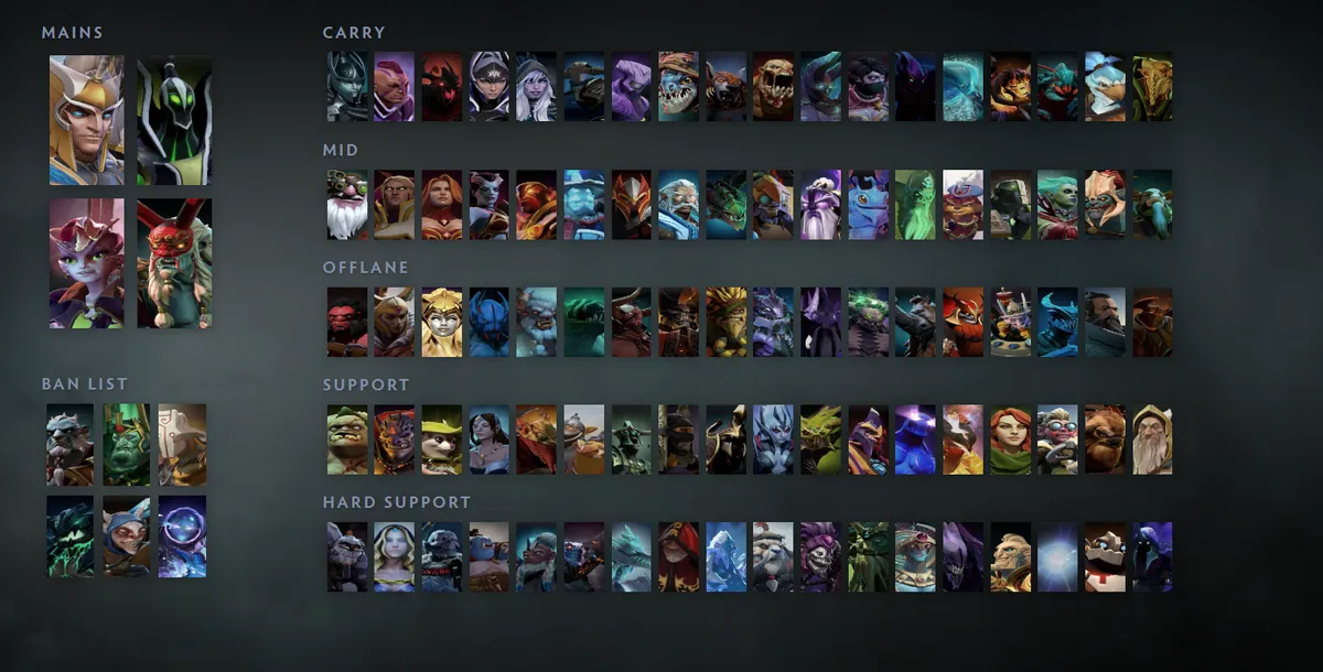 Dota 2 hero grid “Mains + situational” with Skywrath Mage first in the Mains block