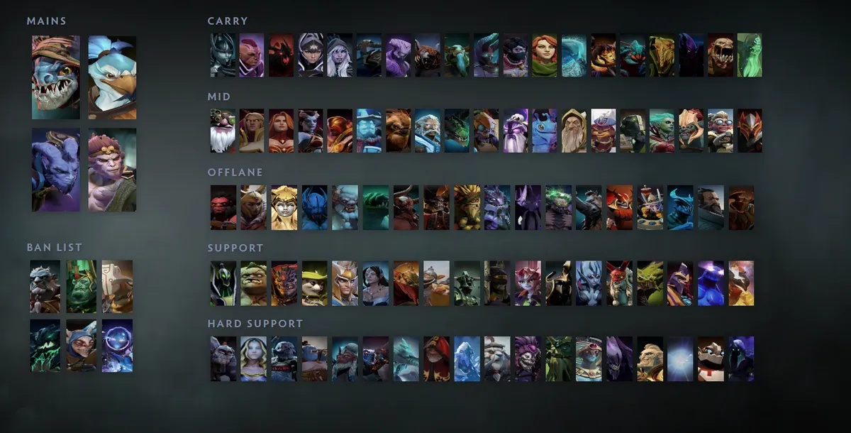 Dota 2 hero grid “Mains + situational”: Slark first in the Mains block next to Kez, Riki, Monkey King