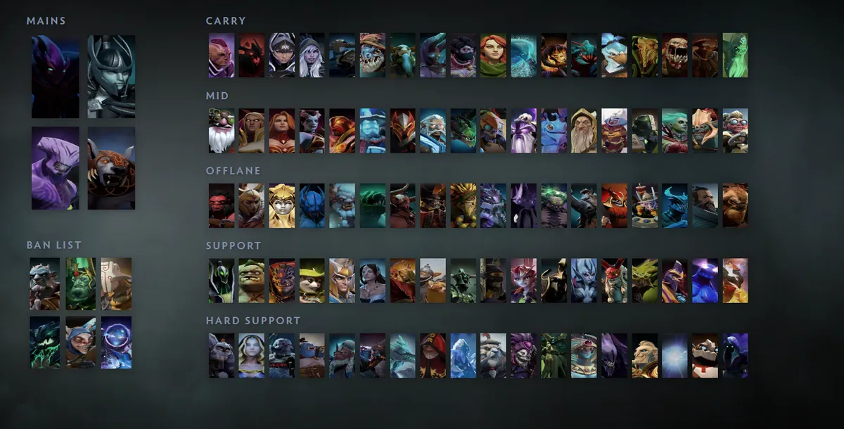 Dota 2 hero grid “Mains + situational” with Spectre first in the Mains block