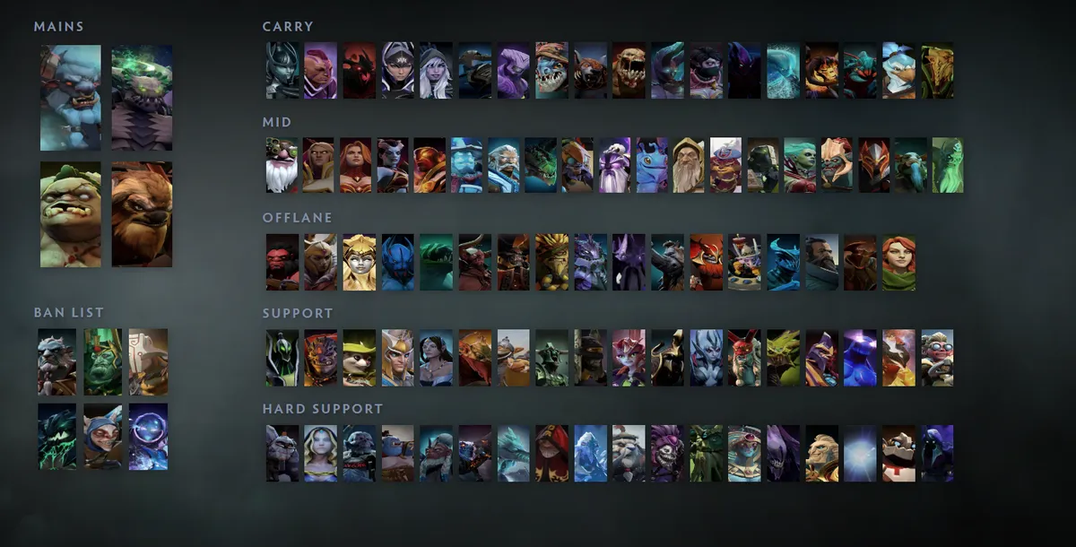 Dota 2 hero grid “Mains + situational”: Spirit Breaker first in the Mains block next to Underlord, Pudge, Earthshaker
