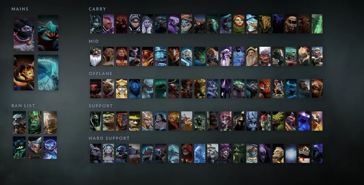 Dota 2 hero grid “Mains + situational”: Templar Assassin first in the Mains block next to Weaver, Clinkz, Morphling
