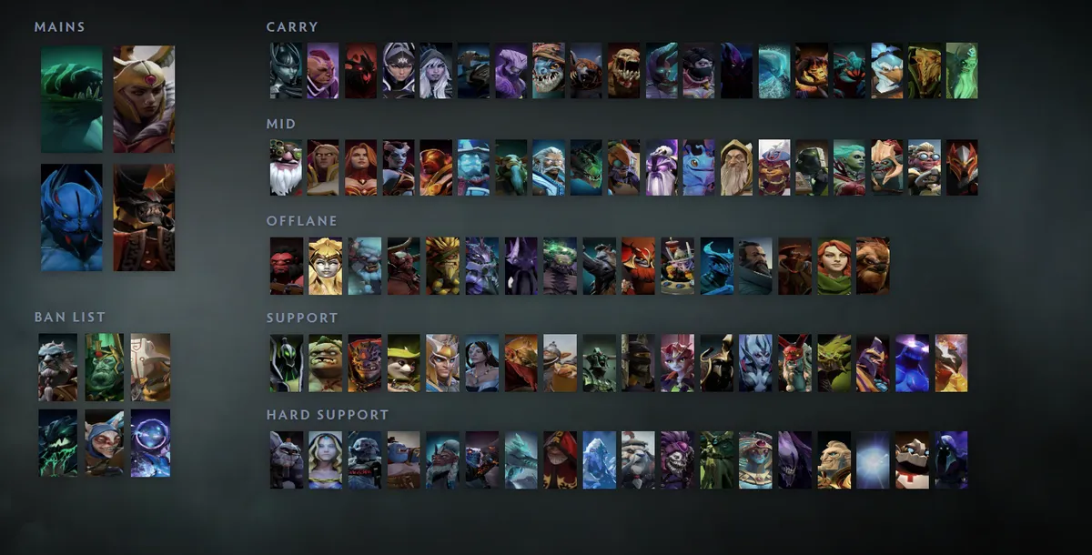 Dota 2 hero grid “Mains + situational”: Tidehunter first in the Mains block next to Legion Commander, Night Stalker, Doom