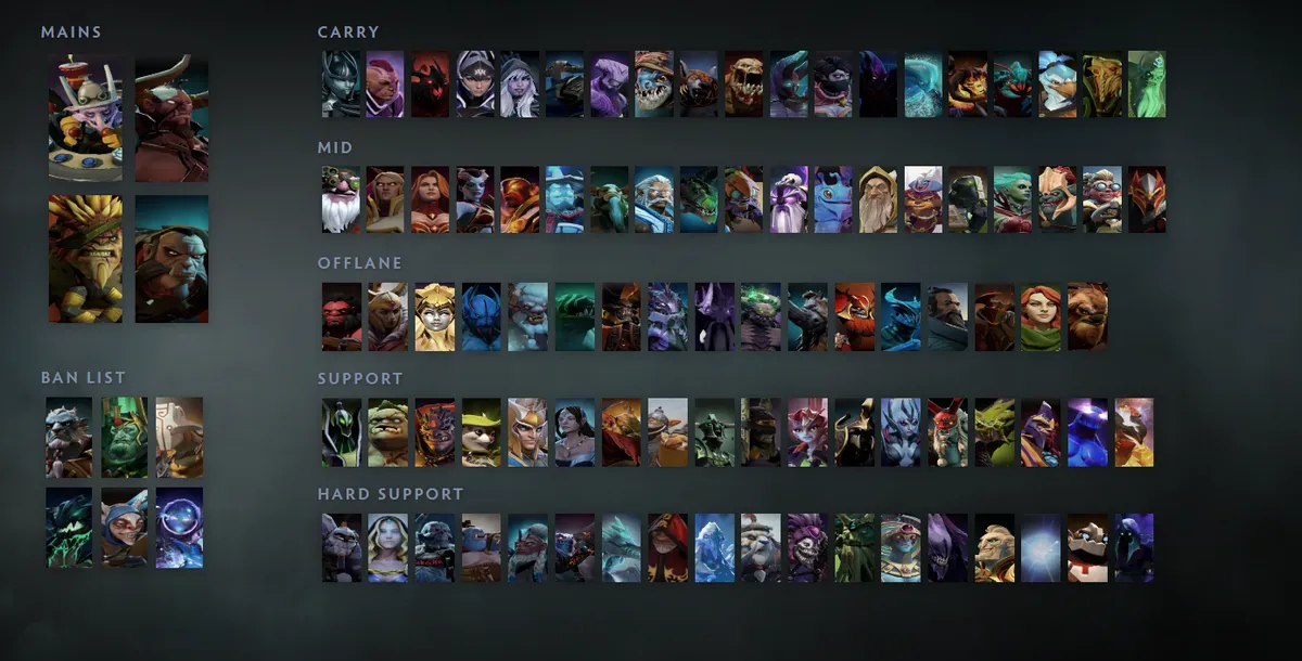 Dota 2 hero grid “Mains + situational”: Timbersaw first in the Mains block next to Centaur Warrunner, Bristleback, Lycan