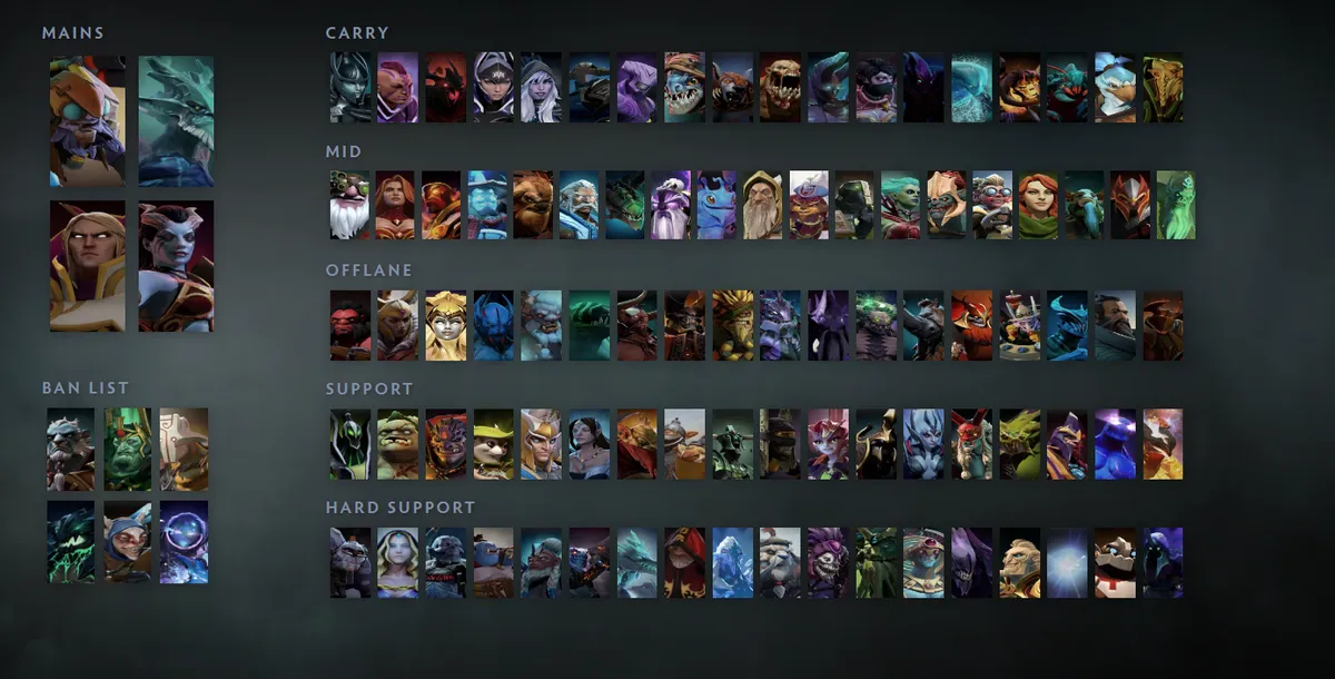 Dota 2 hero grid “Mains + situational”: Tinker first in the Mains block next to Leshrac, Invoker, Queen of Pain