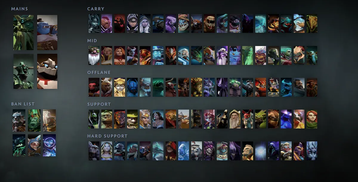 Dota 2 hero grid “Mains + situational”: Treant Protector first in the Mains block next to Ogre Magi, Undying, Clockwerk