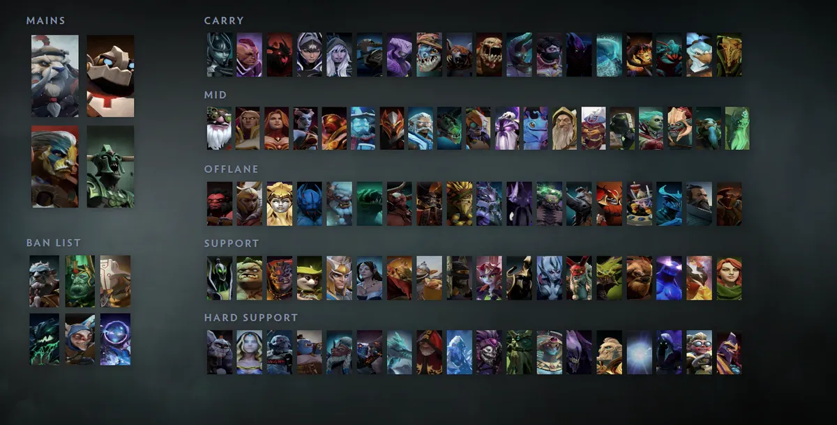 Dota 2 hero grid “Mains + situational”: Tusk first in the Mains block next to Clockwerk, Elder Titan, Undying