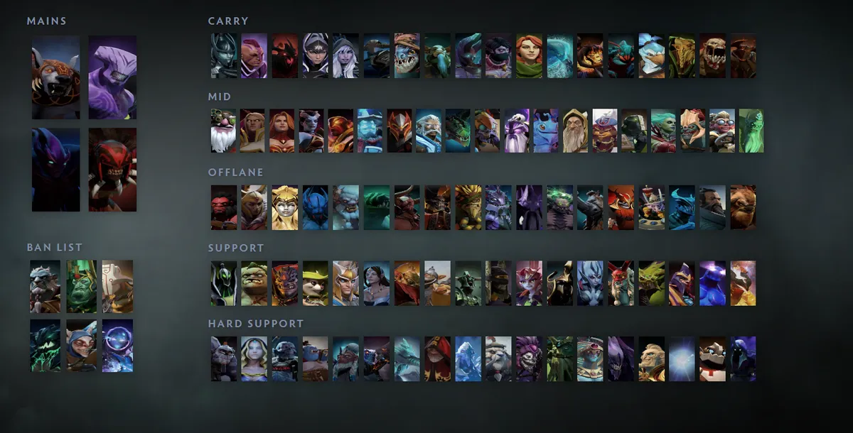 Dota 2 hero grid “Mains + situational”: Ursa first in the Mains block next to Faceless Void, Spectre, Bloodseeker