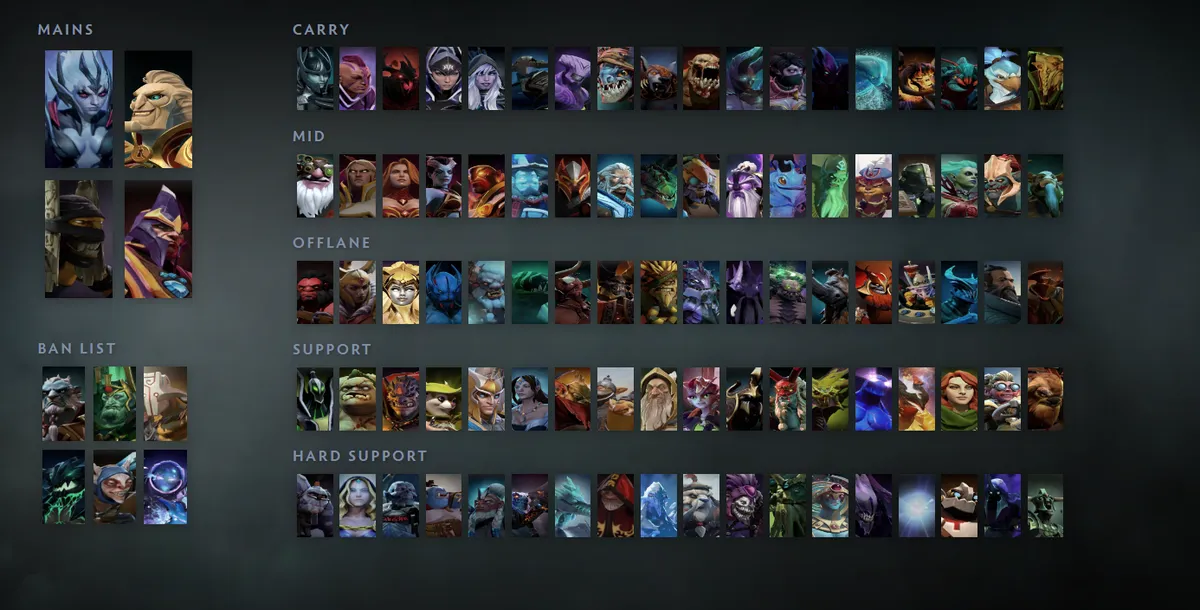 Dota 2 hero grid “Mains + situational” with Vengeful Spirit first in the Mains block