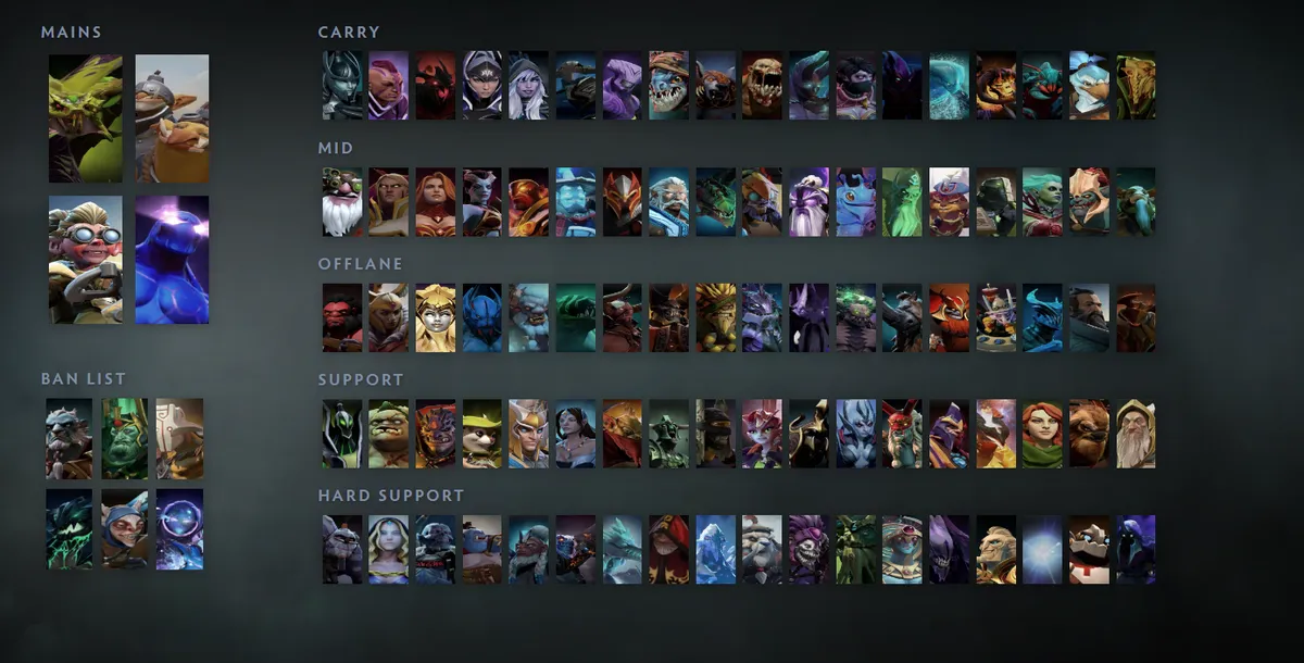Dota 2 hero grid “Mains + situational”: Venomancer first in the Mains block next to Techies, Snapfire, Enigma