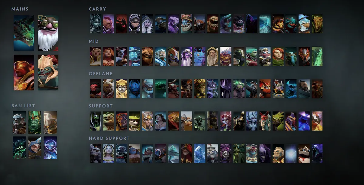 Dota 2 hero grid “Mains + situational”: Viper first in the Mains block next to Sniper, Ember Spirit, Huskar