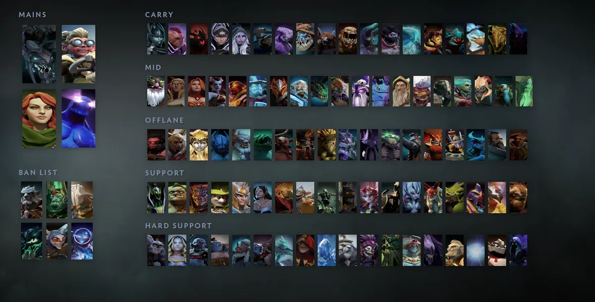 Dota 2 hero grid “Mains + situational”: Visage first in the Mains block next to Snapfire, Windranger, Enigma