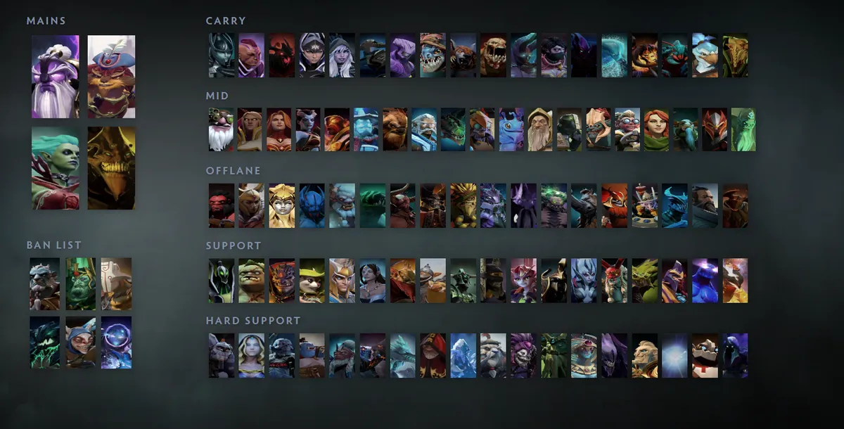 Dota 2 hero grid “Mains + situational”: Void Spirit first in the Mains block next to Pangolier, Death Prophet, Sand King