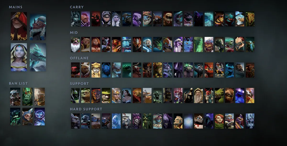 Dota 2 hero grid “Mains + situational”: Warlock first in the Mains block next to Disruptor, Crystal Maiden, Winter Wyvern