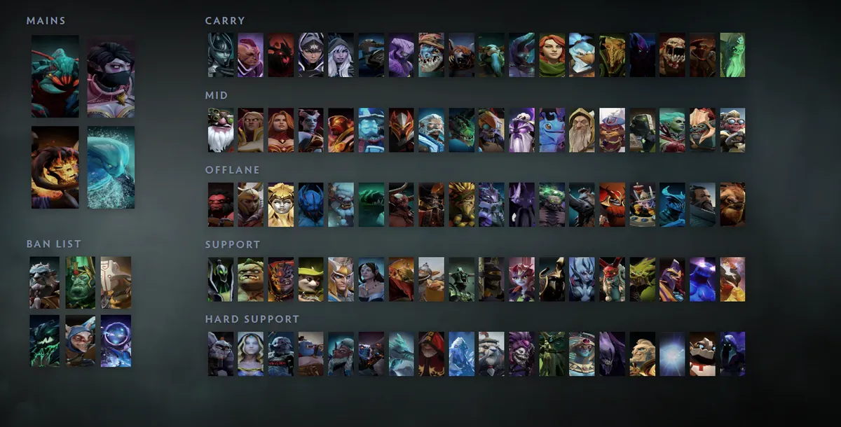 Dota 2 hero grid “Mains + situational”: Weaver first in the Mains block next to Templar Assassin, Clinkz, Morphling