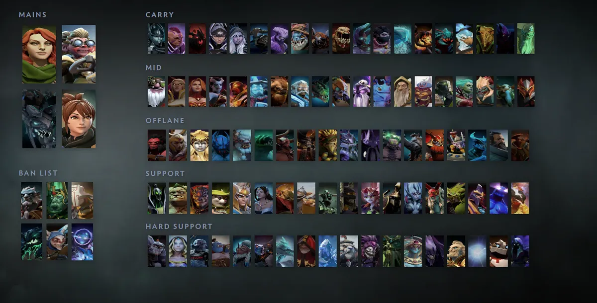 Dota 2 hero grid “Mains + situational” with Windranger first in the Mains block