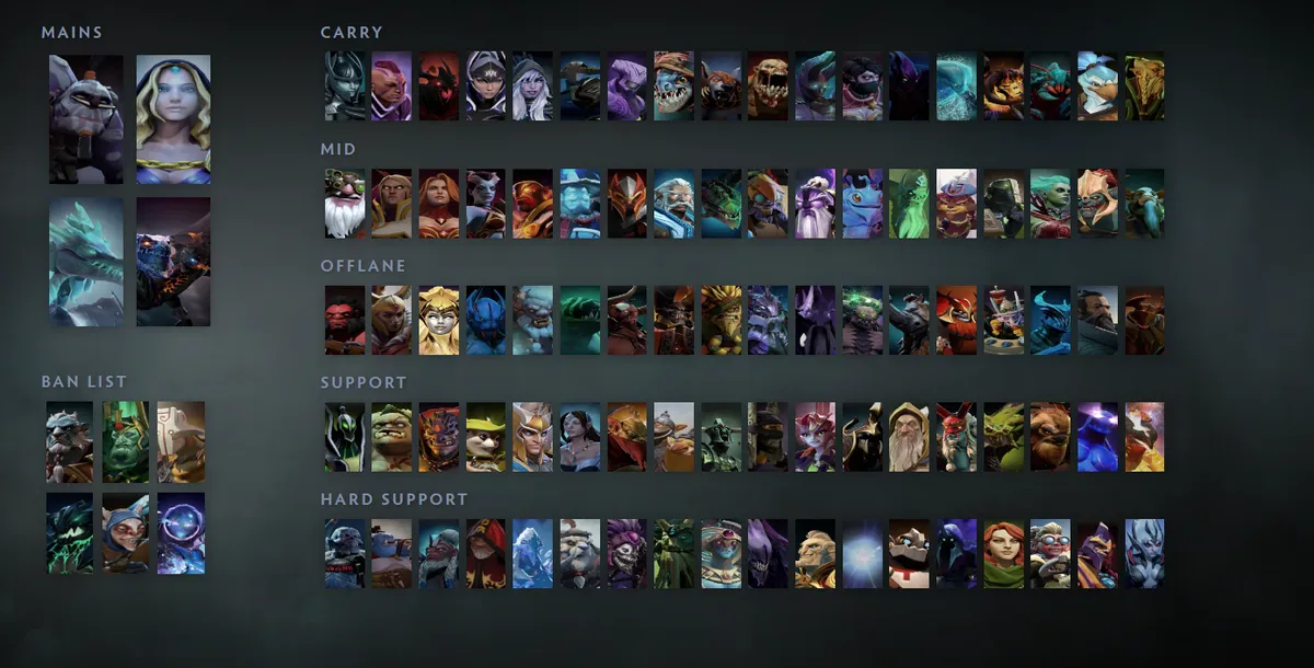 Dota 2 hero grid “Mains + situational”: Witch Doctor first in the Mains block next to Crystal Maiden, Winter Wyvern, Jakiro