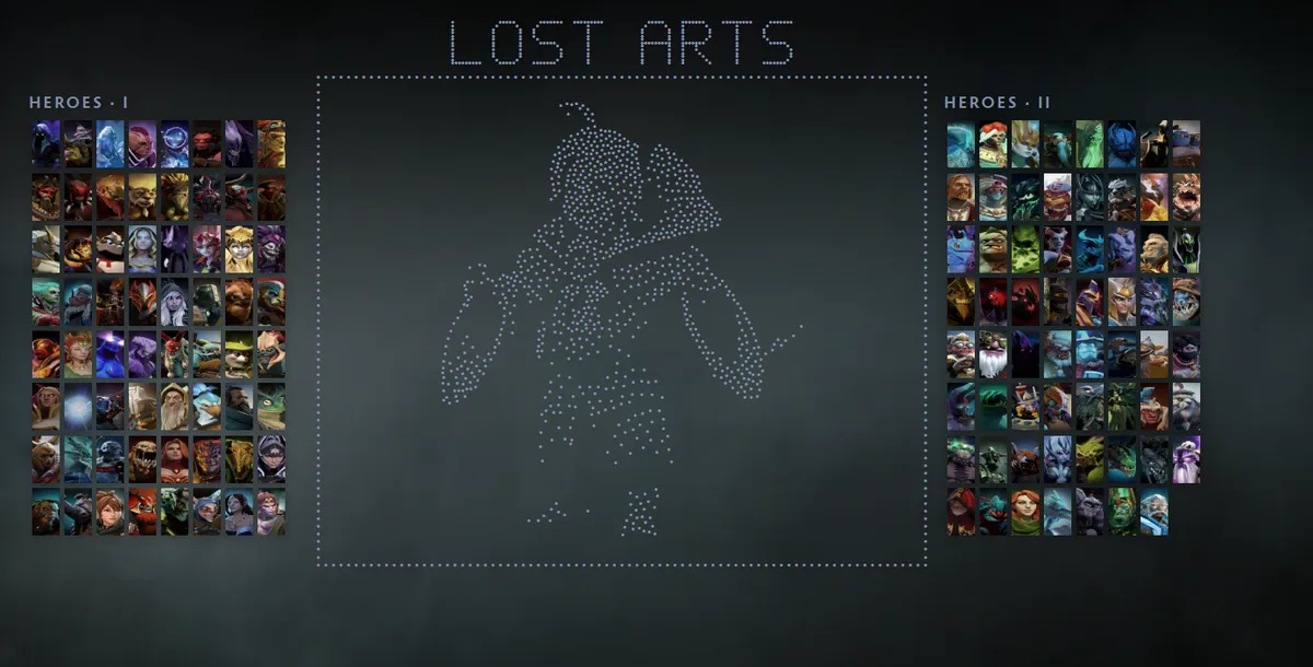 Dota 2 hero grid with Invoker in the Acolyte of the Lost Arts skin drawn in dots
