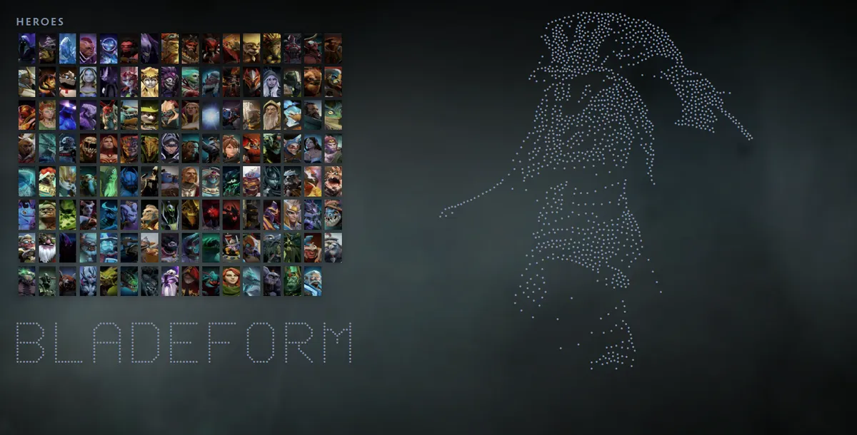 Dota 2 hero grid with Juggernaut in the Bladeform Legacy skin drawn in dots