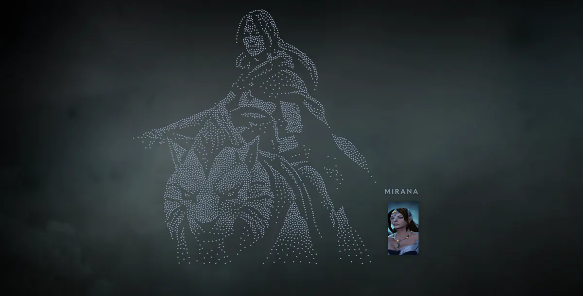 Dota 2 hero grid with Mirana in the Mirana of Nightsilver skin drawn in dots