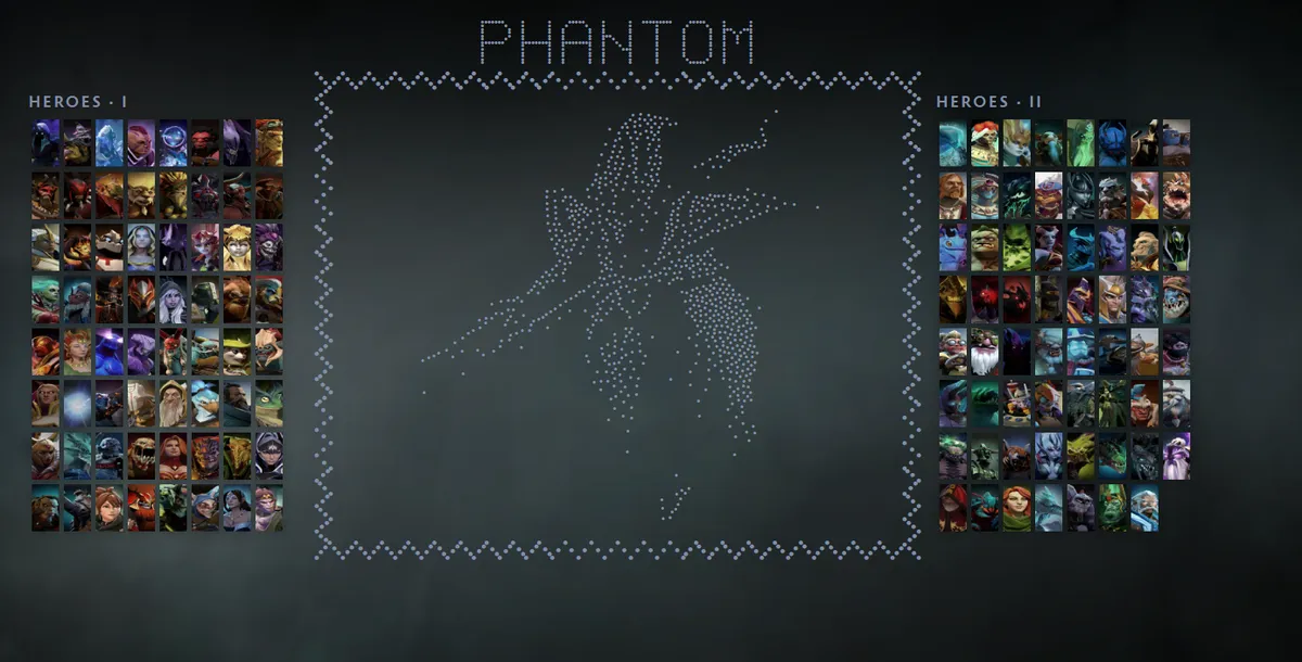 Dota 2 hero grid with Spectre in the Phantom Advent skin drawn in dots