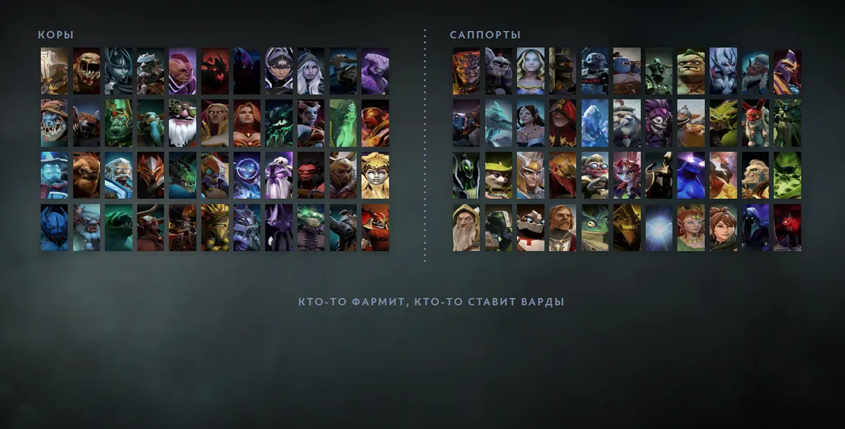 Two-column Dota 2 hero grid: cores and supports