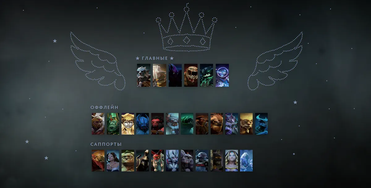 Красивая сетка героев Dota 2 с крыльями и короной из точек над блоками героев